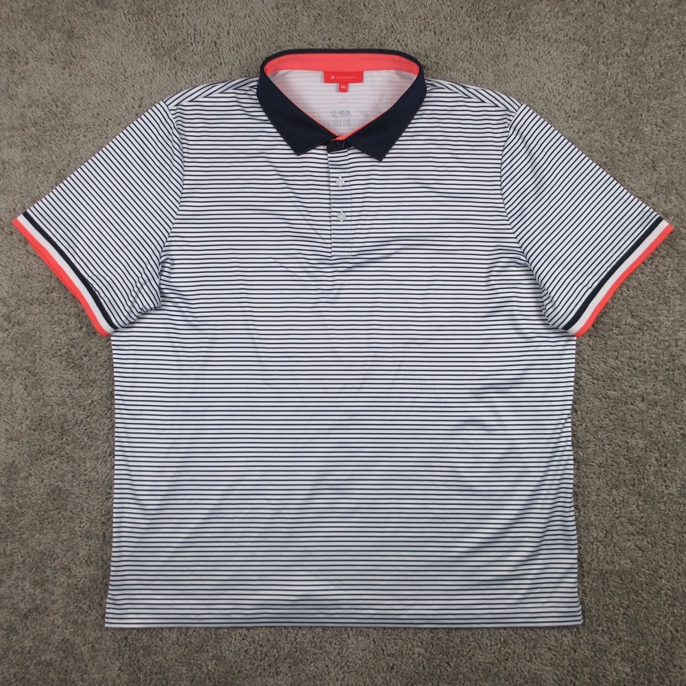 Redvanly Polo Shirt Mens 2XL White Blue Striped Performance Wicking Golf Logo